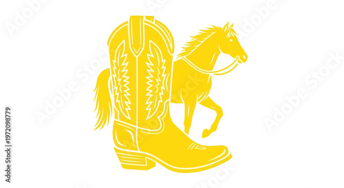 Yellow Cowboy Boot and Horse Silhouette on White Background