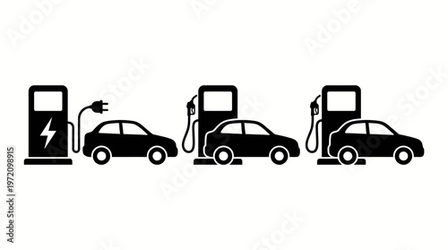 Car fueling station icons comparing electric charging, gasoline pump, diesel pump energy sources transportation vehicle silhouette illustration design concept