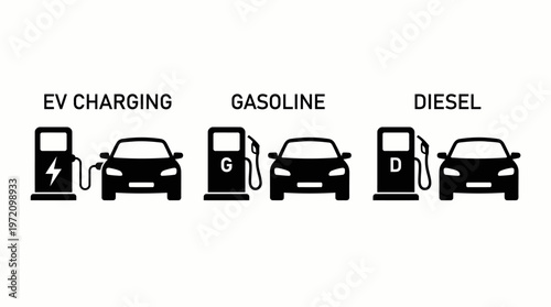 Vehicle fueling station icons comparing EV charging, gasoline pump, diesel pump energy sources automotive silhouette illustration transportation design concept