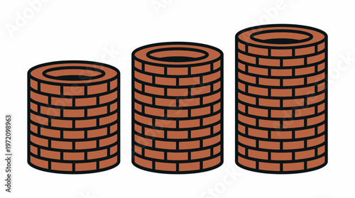 Three cylindrical brick structures progression illustration showing height comparison construction stages hollow tube design architectural concept masonry building visualization