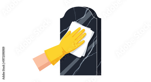 A person wearing a protective yellow rubber glove carefully polishes the surface of a dark marble headstone using a soft white cloth on white background.