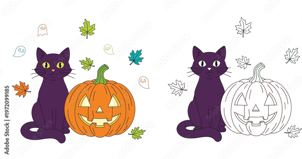 Fototapeta premium Halloween Black Cat and Jack-o-lantern Pumpkin Illustration Set with Autumn Leaves and Ghosts, Coloring Page and Colorful Cartoon Design for Kids, Isolated Vector Background