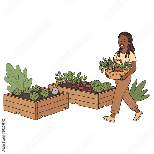 A woman carries a basket of fresh vegetables from two raised garden beds in a backyard garden.
