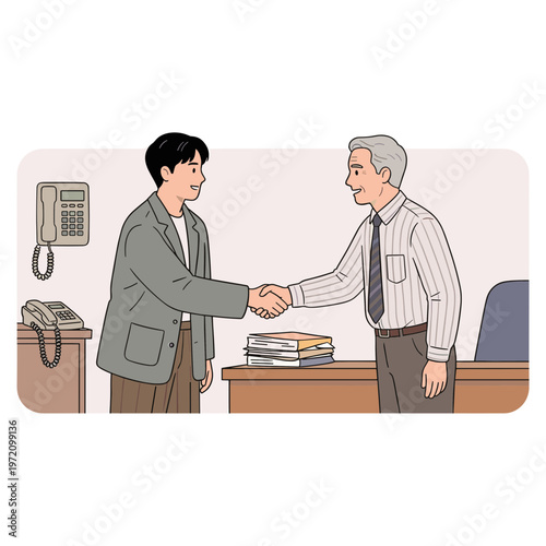 Two businessmen shaking hands in office meeting with desk and phone