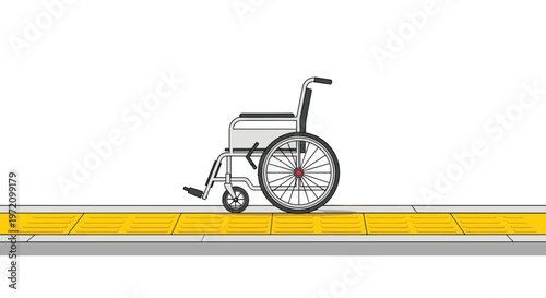 A meticulous silver manual wheelchair stands stationary on a modern concrete sidewalk featuring vibrant yellow tactile paving under a clean white sky.