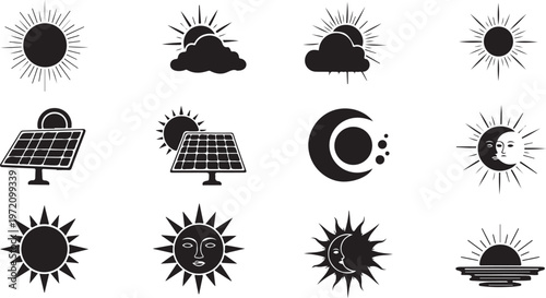 Solar Panels and Sun Weather Icons Set Graphic Design