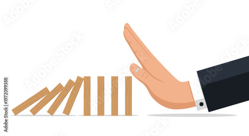 A professional hand wearing a dark suit sleeve intervenes to stop a sequence of falling wooden domino blocks against a pristine and neutral backdrop.