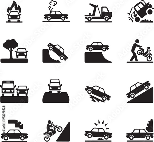 Various vehicle accidents and road safety incidents illustrated in icons