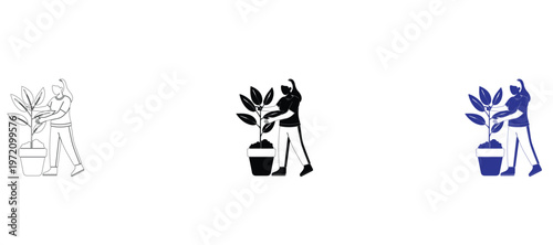  Woman Taking Care of Potted Houseplant Vector Illustration in Outline, Silhouette, and Two-Tone Styles