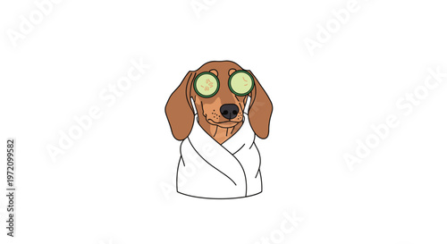 A serene brown dachshund dog enjoys a spa day while wrapped in a plush white bathrobe with fresh green cucumber slices over its eyes in a bright room.