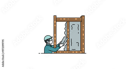 A professional technician wearing a teal uniform and protective face mask carefully installs a gray insulation panel in a bright construction setting.