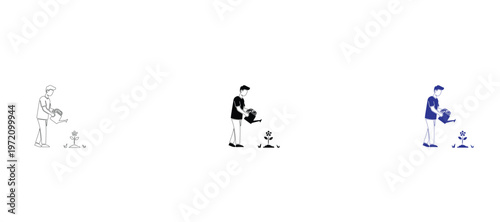  Man Watering a Small Plant with Watering Can Vector Illustration in Outline, Silhouette, and Two-Tone Styles