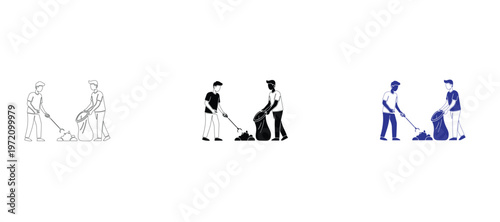  Volunteers Cleaning Up Trash and Raking Leaves Vector Illustration in Outline, Silhouette, and Two-Tone Styles