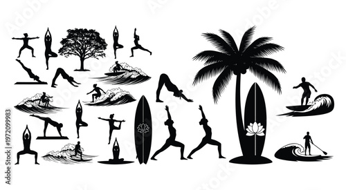 Black Silhouette Set of Stand Up Paddle Yoga and Surfing Poses