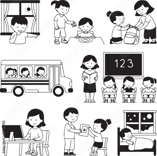 A depiction of various daily activities and learning experiences for young children