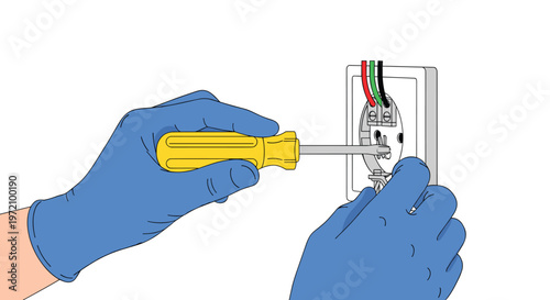 Skilled hands protected by blue gloves use a bright yellow screwdriver to carefully install a white electrical socket onto a clean white wall surface.
