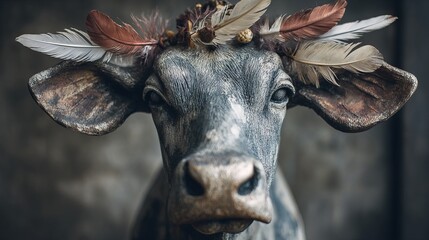 A close-up portrait of a cow adorned with a vibrant feather crown, showcasing its unique and creative expression.