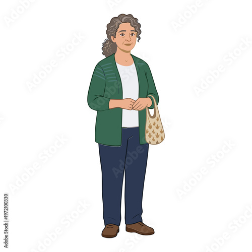 A woman stands alone outdoors with bag in casual clothes smiling