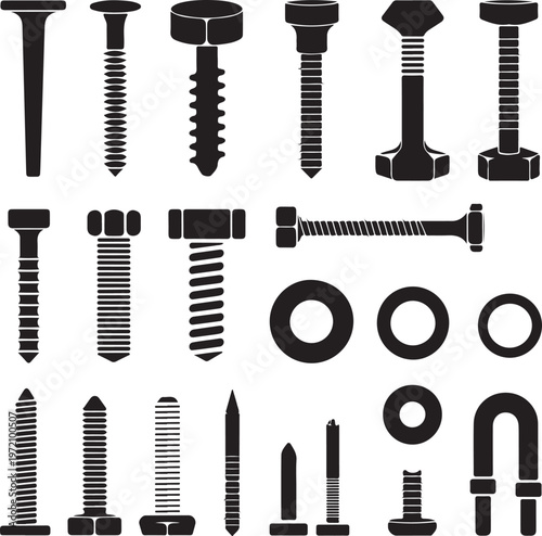 Assorted fasteners and hardware components in monochrome