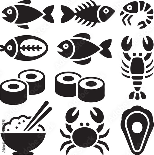 Assorted seafood and sushi icons collection in black and white