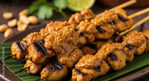 Delicious Grilled Chicken Satay Skewers Served with Rich Chunky Peanut Sauce on a Banana Leaf