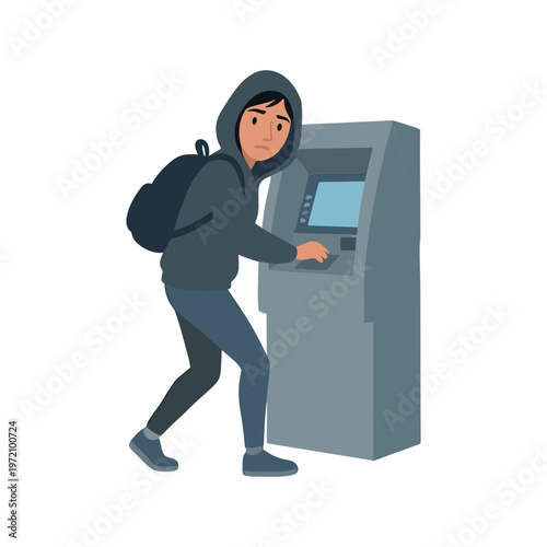 A person in a hoodie using an ATM outdoors at night.