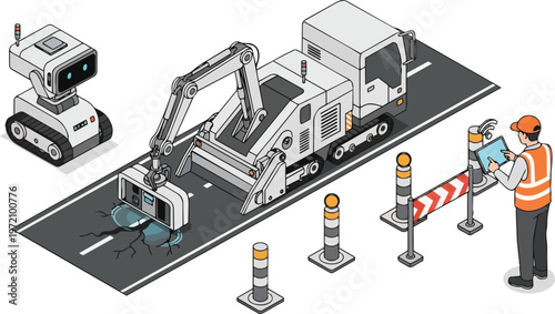 Smart Road Construction with Autonomous Robots and Worker Monitoring via Tablet Isometric Illustration