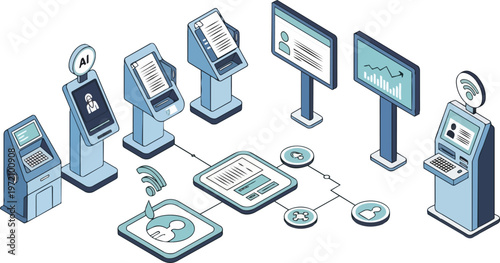 Isometric Vector Illustration of Self-Service Kiosks, Digital Payment Terminals, and AI Information Booths for Smart City Infrastructure