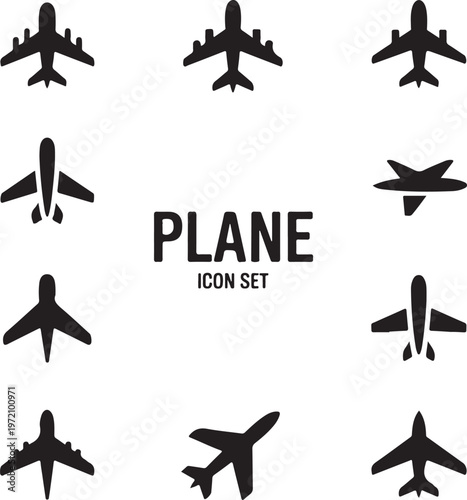 Collection of various plane icons in a stylized black and white design set
