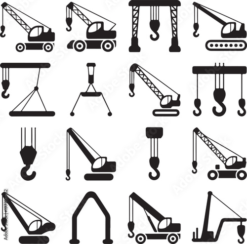 Assorted heavy machinery and lifting equipment icons in black and white