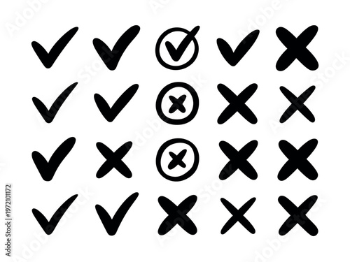 A checklist with various checkmarks and X's on a white background