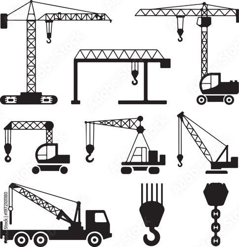 Assorted heavy machinery and lifting equipment illustrations in black and white
