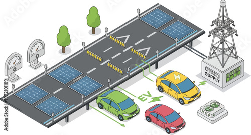 Isometric Smart Highway Infrastructure for Electric Vehicles with Solar Panels and Wireless Charging