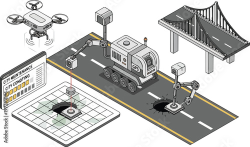 Autonomous Road Repair Robot and Drone for Smart City Infrastructure Maintenance Isometric Illustration
