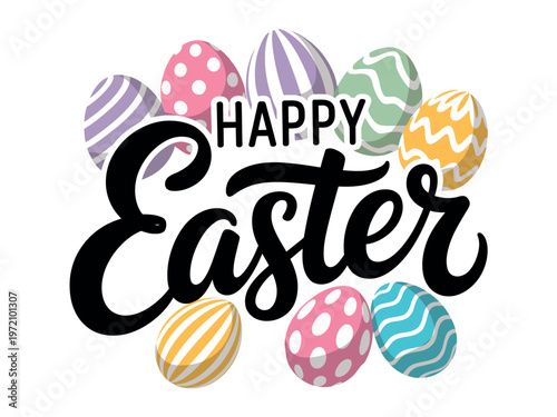 A colorful Easter greeting with decorated eggs and text on a white background