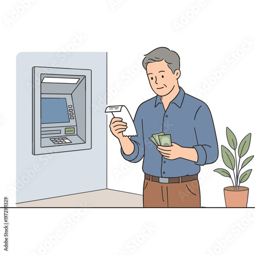 Man withdraws cash from ATM with receipt in hand indoors