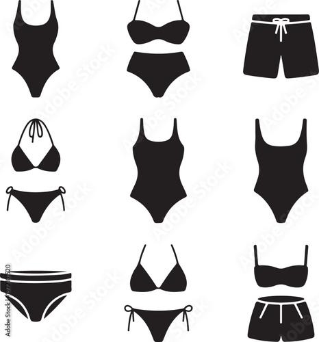 Assorted styles of swimwear and beachwear silhouettes in black silhouette design