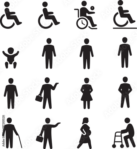 Collection of icons representing various accessibility and human activity symbols