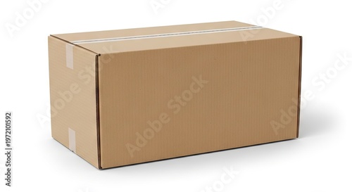 Single closed brown cardboard box taped shut, isolated on white background
