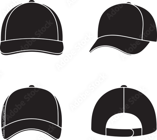 Four distinct styles of black baseball caps in silhouette view