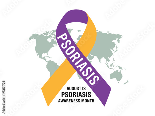 A purple and yellow ribbon on a world map for Psoriasis Awareness Month