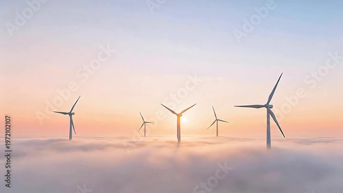 Wind turbines rising above clouds at golden hour, symbolizing clean energy, sustainability, and renewable power in a serene, futuristic landscape.