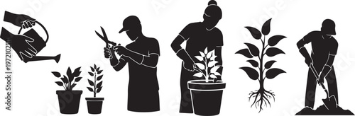 Silhouettes of people gardening and planting flowers outside home