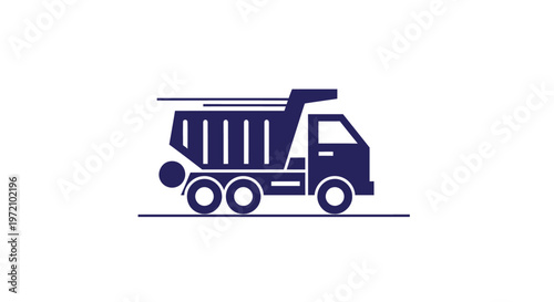 Dark Blue Dump Truck Silhouette on White Background.