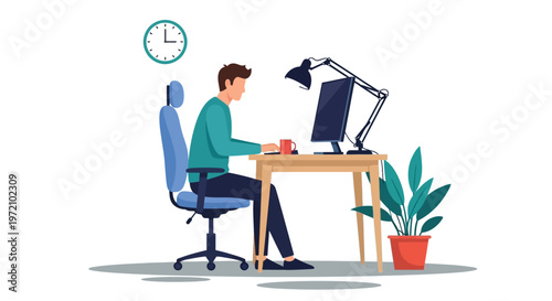 Man working on a desktop computer at his wooden office desk while sitting comfortably in a modern swivel chair within a professional workspace environment as this vector graphic illustration captures 