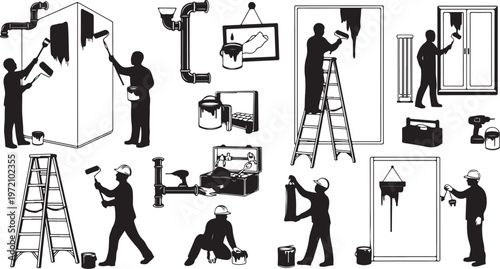 Silhouettes of construction workers at various tasks and sites