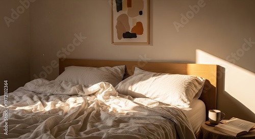 Cozy Sunlit Bedroom Interior with Unmade Bed White Linens Coffee Mug and Open Book in Golden Morning Light