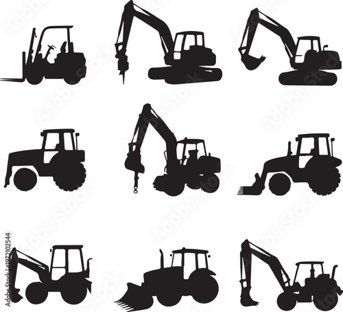 Collection of various heavy construction equipment silhouettes