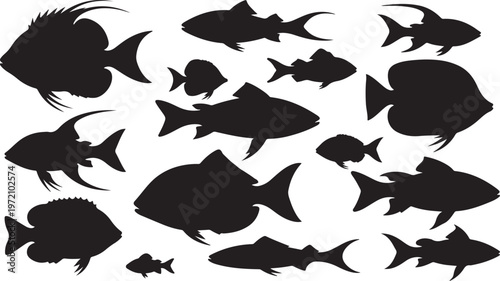 Collection of various fish silhouettes on white background illustration