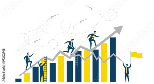 Professional business team members working together as they climb up a growing financial bar chart illustration to reach the summit of success representing corporate growth and strategy development in